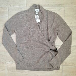 Neiman Marcus 100% Cashmere Tan Faux Wrap sweater Gold Buckle Detail Large NWT